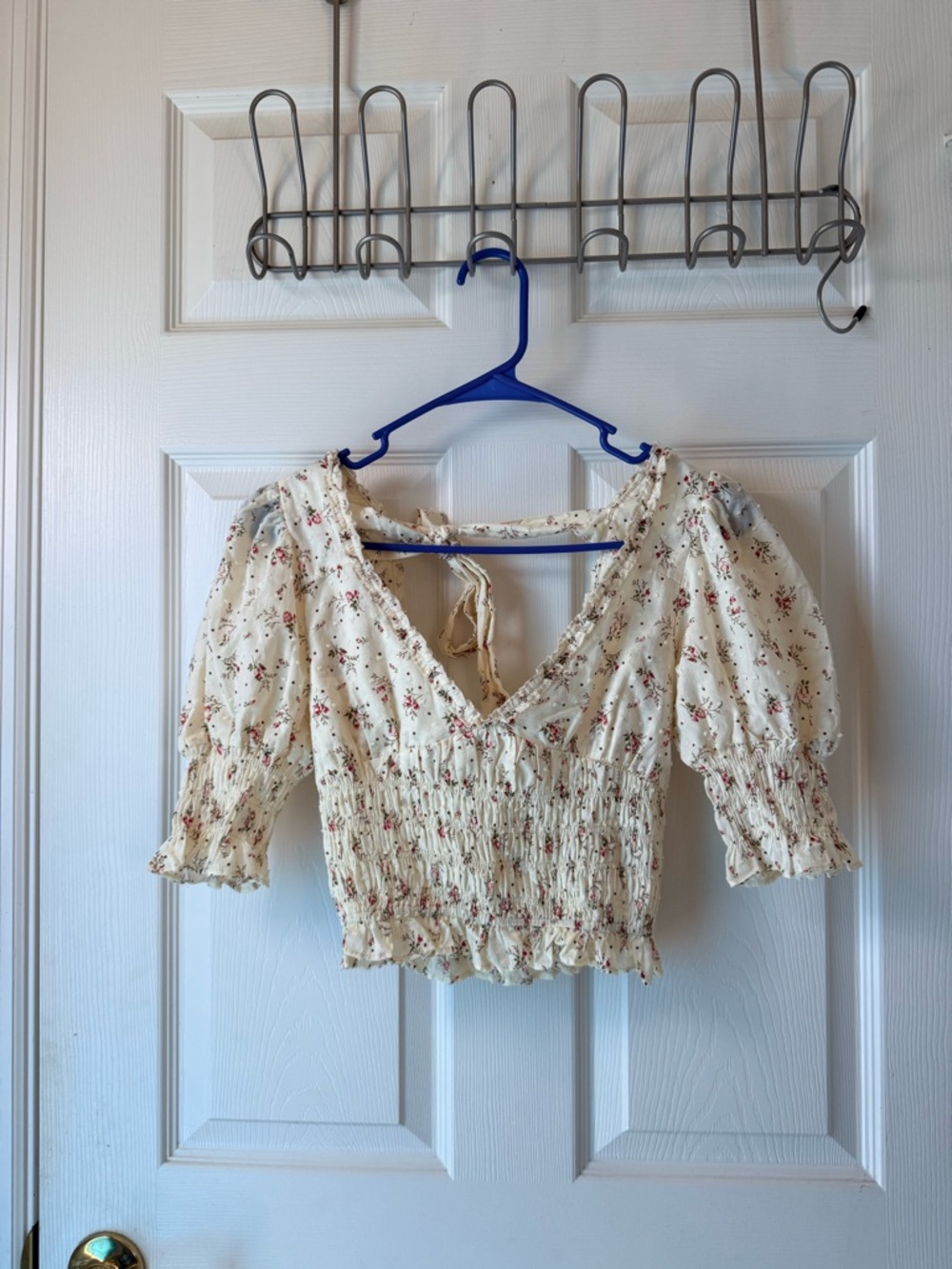Cream Floral Smocked V-Neck Tie-Back Crop Top